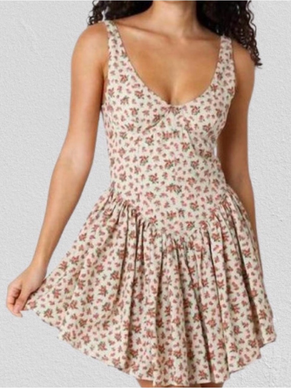 Olivaceous Cream Dress with Blue-Green Floral Print